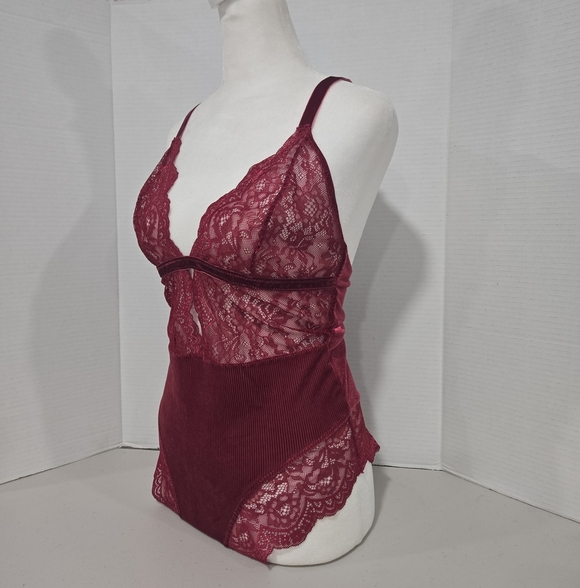 Adore Me Other - NWT Burgundy Lace Velvet Sheer Lingerie Bodysuit Stretch Bridal Small Sexy